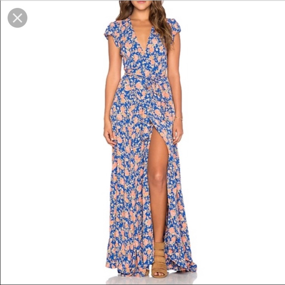 Tularosa Sid wrap floral dress in navy & peach